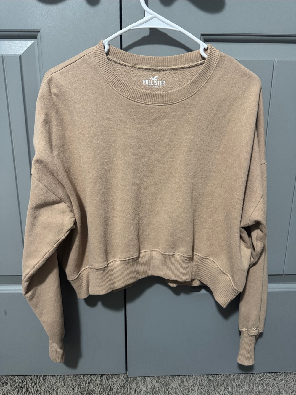 Hollister Cropped Crewneck Sweatshirt in Beige